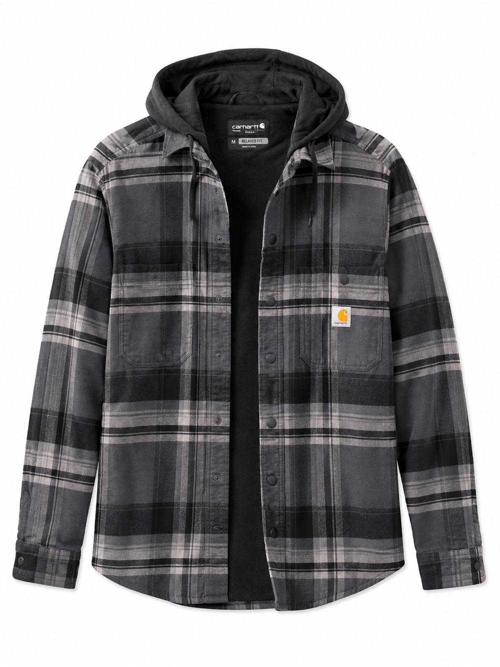 Carhartt Men's Gray & Black Plaid Relaxed Fit Shirt Jacket with Hood